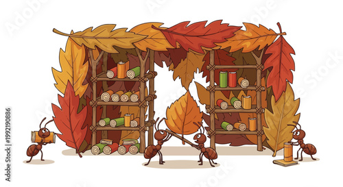 Group of ants building library with leaves and organizing books vector illustration isolated on white background