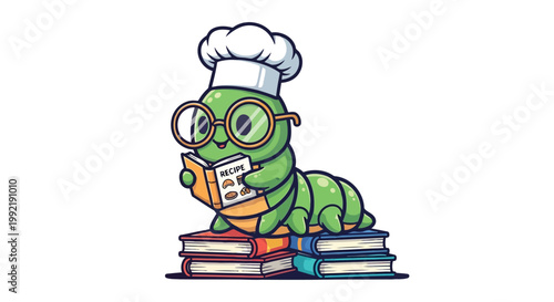 Green caterpillar wearing chef hat and glasses reading recipe book flat vector illustration isolated on white background