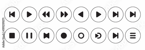 Collection of twenty circular media player icons for audio and video playback controls on white.