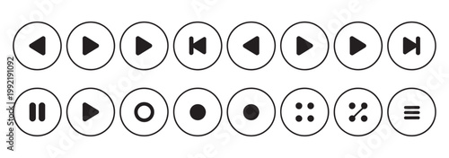Set of twenty circular media player icons for audio and video playback controls on white background.