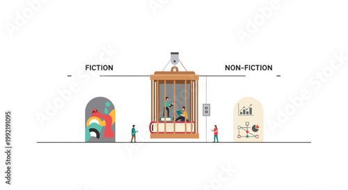 People interacting with fiction and non-fiction book symbols in library flat vector illustration isolated on white background