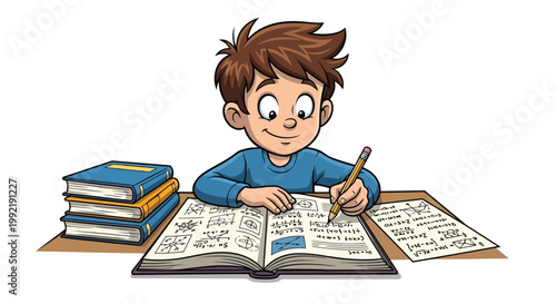Young schoolboy studying math homework in notebook with stack of textbooks on desk cartoon vector isolated on white background