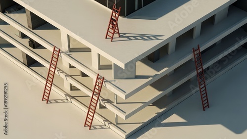 construction site with red ladders on concrete building