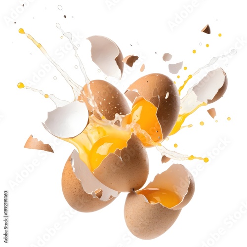 Eggs Cracking Mid-Air Isolated on White Background
