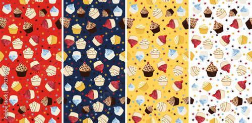 Colorful seamless cupacake pattern with assorted toppings, available in 4 color variations. Ideal for packaging, textiles, and bakery designs
