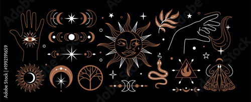 Celestial icon. Magic space line. Astrology symbols sun, moon and night star. Esoteric decor for tattoo, tarot card cover. Cosmic occult outline. Vector mystical sign spiritual emblem elements set