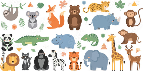 Cute Safari Animals Vector Set with Lion Elephant Giraffe Panda Monkey and Jungle Wildlife Cartoon Illustration Collection