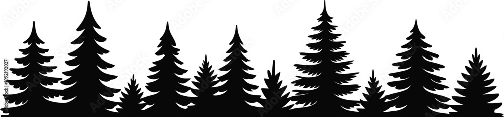 Fototapeta premium Panoramic pine forest silhouette featuring a row of various evergreen spruce and fir trees for outdoor adventure and nature landscape design.