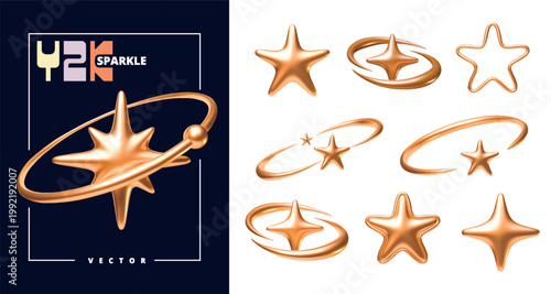 3D star spark. Bling icon galaxy. Y2K realistic trophy golden. Gold sticker award, sparkle space. Sign decor luxury. Gift festive premium glitter. Vector glow design render isolated elements set