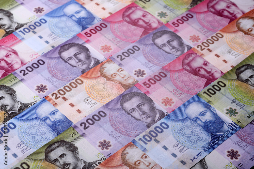 Fototapeta premium Chilean paper currency, peso, for financial transactions and exchange. Chilean peso currency