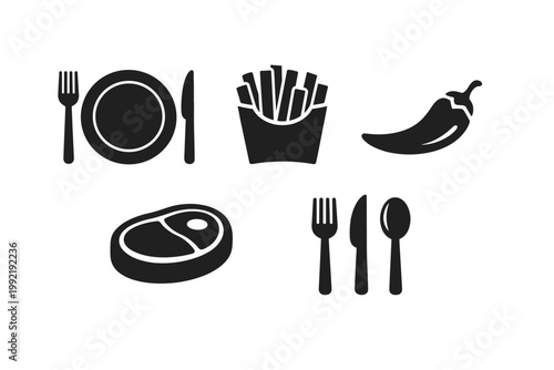 Set of black food and dining icons including a plate with fork and knife, french fries, spicy chili pepper, raw steak, and cutlery set. Minimalist flat vector illustration for menu design.