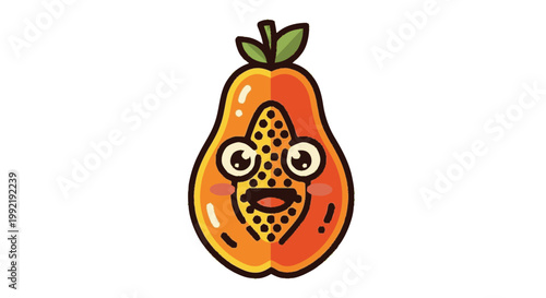 Cartoon papaya character smiling with happy expression isolated on white