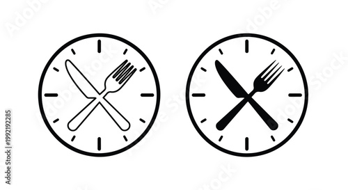 Dining time clock icons with fork and knife set - Modern style icon. Vector icon set. Glyph and solid icon set. Icon vector. Flat Design Icon. line icon set