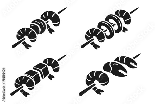 Set of Seafood Skewer Icons Featuring Shrimp Prawns Crab Claws Calamari Rings and Fish Cubes Solid Black Vector Silhouette Illustrations for Restaurant Menus BBQ Grilling and Creative Food Design