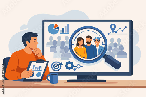 Marketing Specialist Analyzing Niche Audience Segment on Computer Screen with Magnifying Glass, Data Charts, and Customer Profiling Icons for Targeted Business Strategy Vector Illustration.