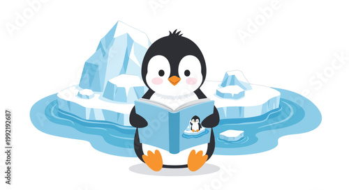 Cute penguin reading a book on an iceberg floating in blue water vector character illustration isolated on white background