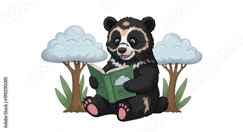 Cute spectacled bear sitting in lush forest landscape reading an educational storybook isolated on white background