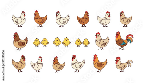 Poultry farm chicken icons multicolor hens chicks rooster flat vector illustration set