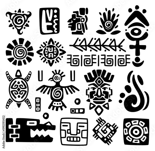 Tribal pattern. African black silhouette print. Ethnic bird and sun. Ancient tribe motif. Aztec and Mayan graphic. Tiki idol. Mexican shapes. Inca face mask. Navajo elements. Vector tidy ornaments set