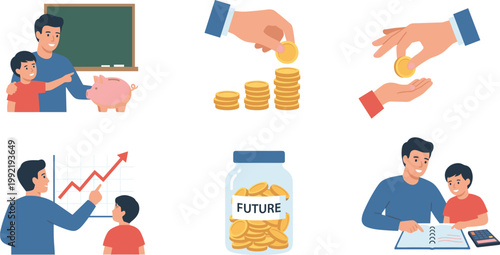 Financial Literacy Education for Children Featuring a Father Teaching Son About Saving Money, Investing, Piggy Bank, Future Growth, and Wealth Management.