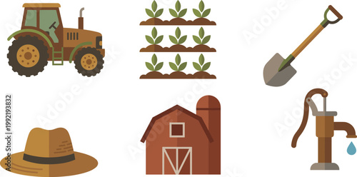 Flat design agriculture and farming icon set featuring a tractor, garden shovel, barn house, water pump, crops, and straw hat.