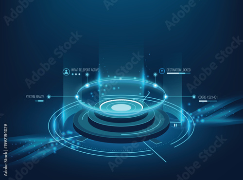 Futuristic blue holographic teleportation platform with glowing HUD interface element, scifi, advanced technology, and digital transition conceptual backgrounds.