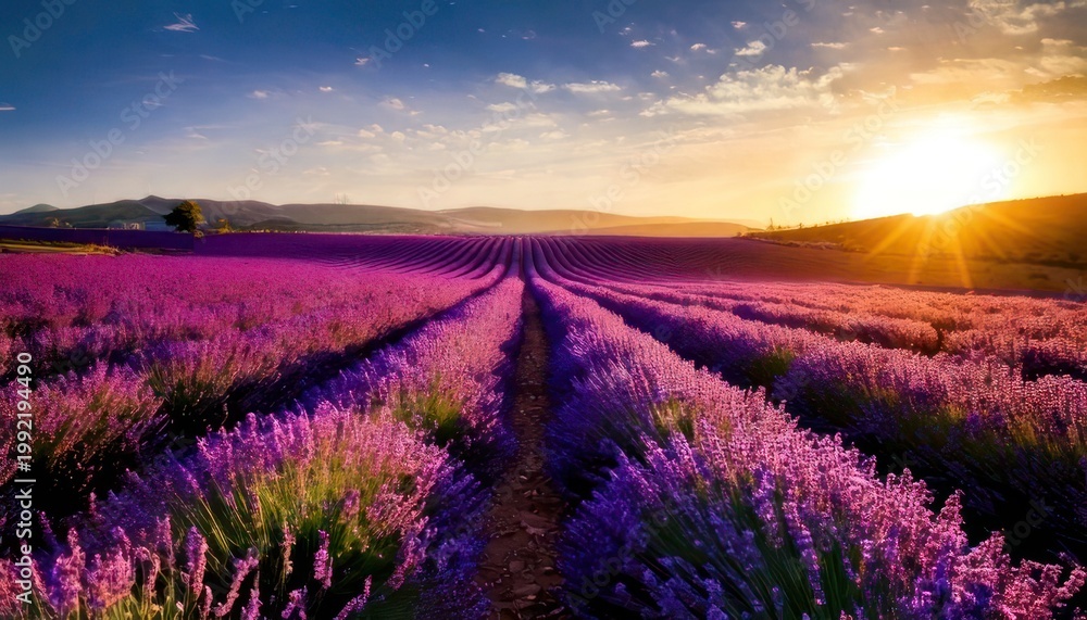 Obraz premium Lavender field at sunset with golden light and distant mountains.