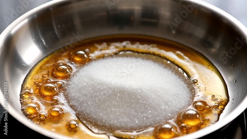 White granulated sugar heap melting into golden brown liquid caramel in stainless steel frying pan