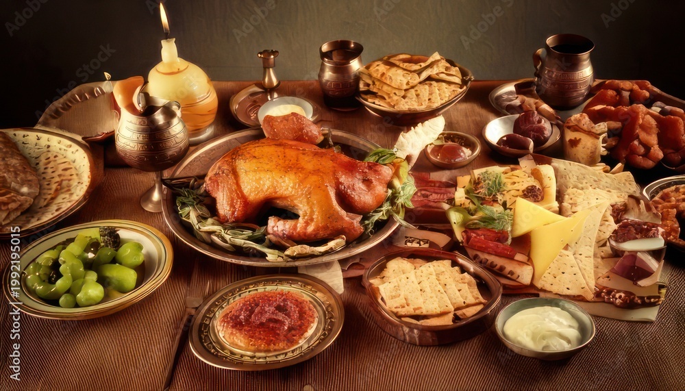 Fototapeta premium Lavish Feast - A Medieval-Inspired Table Setting with Roasted Pig.
