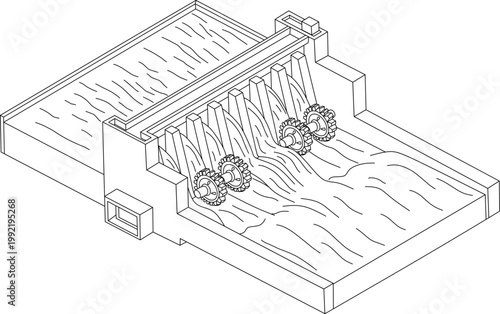 Technology dam line drawing of a hydroelectric dam with turbines for modern energy solutions, suitable for renewable energy concepts.