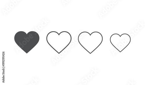 Three hearts in a row, one filled black, one outlined, and one empty, symbolizing different stages of love and emotion, vector illustration.