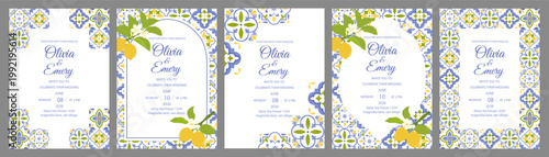 Mediterranean lemon wedding invitation template. Italian tile frame with citrus branches. Elegant blue azulejo border. Romantic summer wedding card. Amalfi Coast style vector design