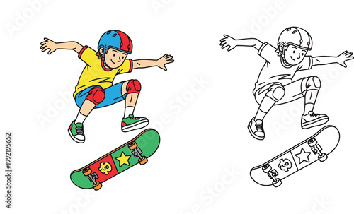 Boy skateboarding mid-air trick illustration. Includes colored version and black and white line art outline for coloring book page. Vector graphic isolated on white.