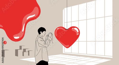 Man Blowing Air at Giant Red Heart Sculpture in Minimalist Room