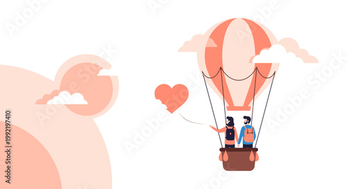 Couple in Hot Air Balloon with Heart Symbol - Romance and Love Illustration