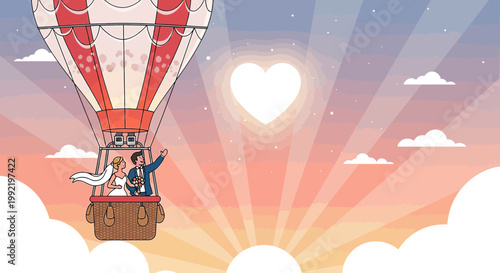Couple in Hot Air Balloon with Heart Sun - Wedding Romance Illustration