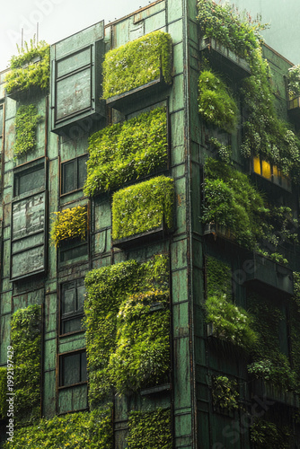 Tall building with vines and foliage growing up its sides, ideal for urban or natural environments vertical frame