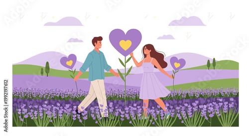 Couple in Lavender Field Holding Heart Flowers - Romantic Illustration
