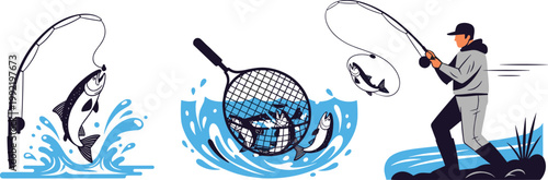 Fisherman Catching Salmon with Rod and Net Three Scene Fishing Sport Vector Illustration Set