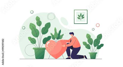 Man Caring for Giant Heart Surrounded by Lush Green Plants, Symbolizing Love and Growth