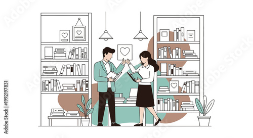 Couple in Library, Bookshelves with Hearts, Love Concept