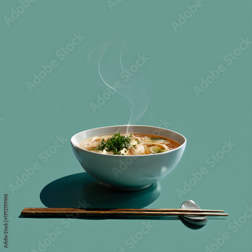 Hot Asian Noodle Soup Bowl with Chopsticks and Spoon on Turquoise Background