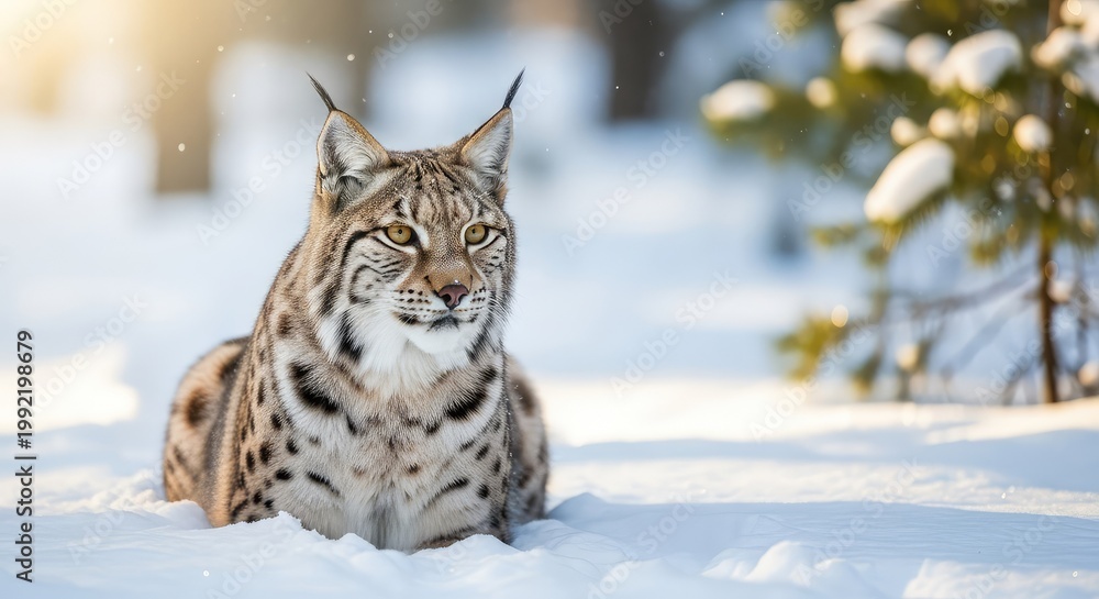 Fototapeta premium A wild lynx crouches in deep snow within a silent winter forest, its thick spotted fur and pointed ear tufts blending into the chilly habitat, bobcat, solitude, mountain