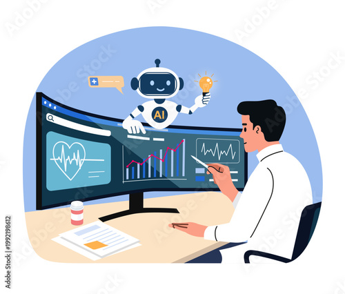 Doctor analyzing medical data on dashboard with artificial intelligence, AI assistant for healthcare analytics and diagnosis. Flat style cartoon vector illustration.