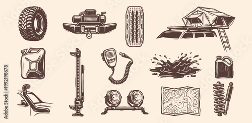 Off road adventure equipment sketches for overland camping and 4x4 vehicle expedition lifestyle