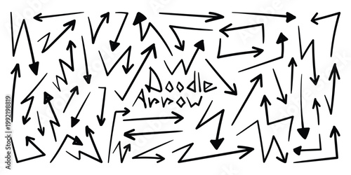 Doodle Arrow Collection. Hand drawn black arrow navigation mark icons set. Set of brush stroke of straight arrow collection. Straight robotic style black comic doodle arrow symbols.
