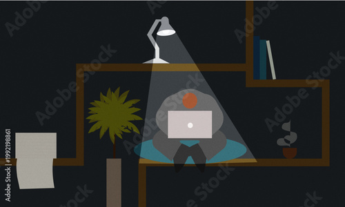 Conceptual illustration of an exhausted office worker sitting under a desk lamp late at night. The dark environment and focused light symbolize overwork, fatigue, and mental exhaustion in a modern dig