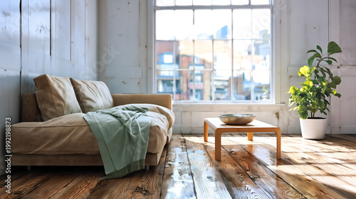 Modern Living Room Interior with Sofa Window View and Plant