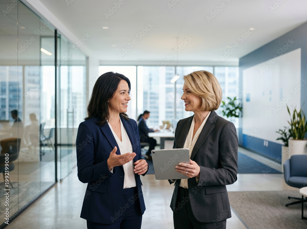 Obraz premium Businesswomen collaborating in a modern office lobby