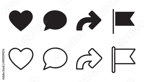 Collection of essential social networking icons including heart chat bubble share and flag for app interface.